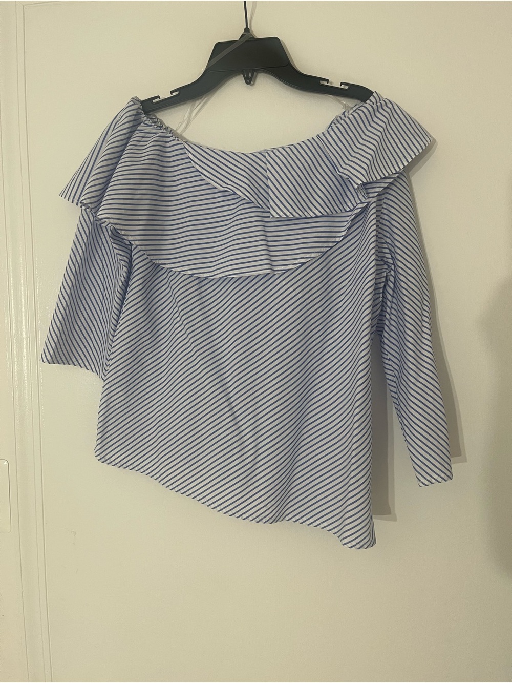 Off-Shoulder Ruffle Stripe Blouse - Blue/White